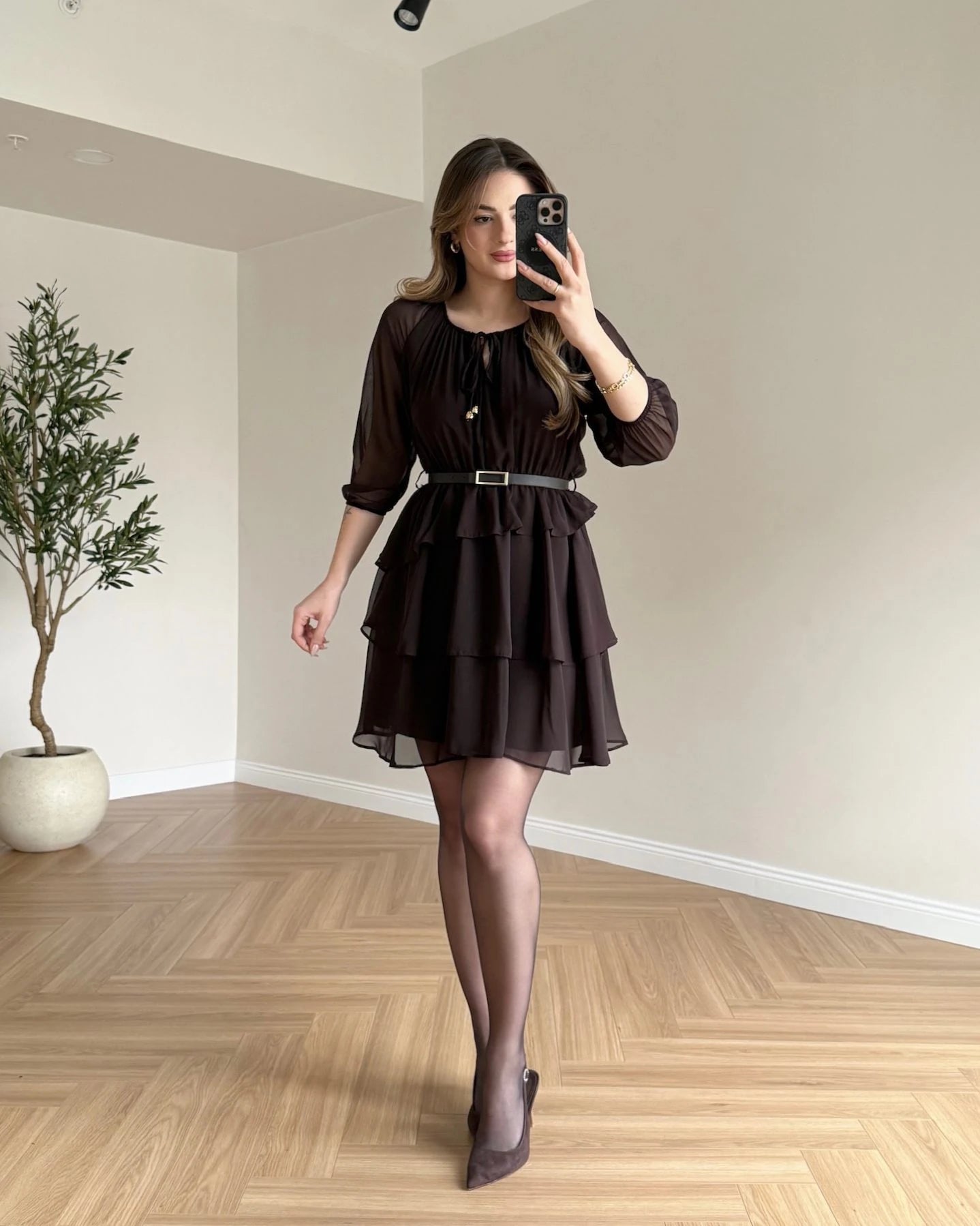 LİNZ Eteği Katlı Elbise - Kahve