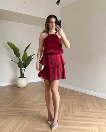 LOLY Eteği Katlı Elbise - Bordo