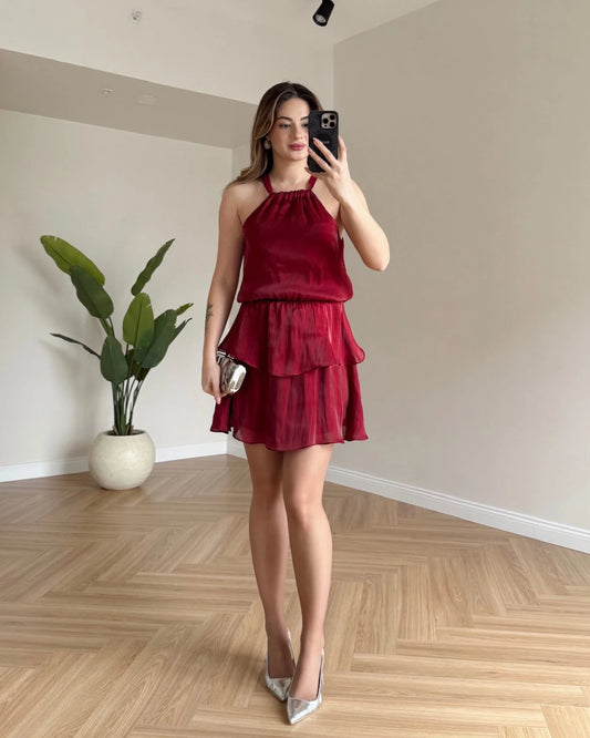 LOLY Eteği Katlı Elbise - Bordo