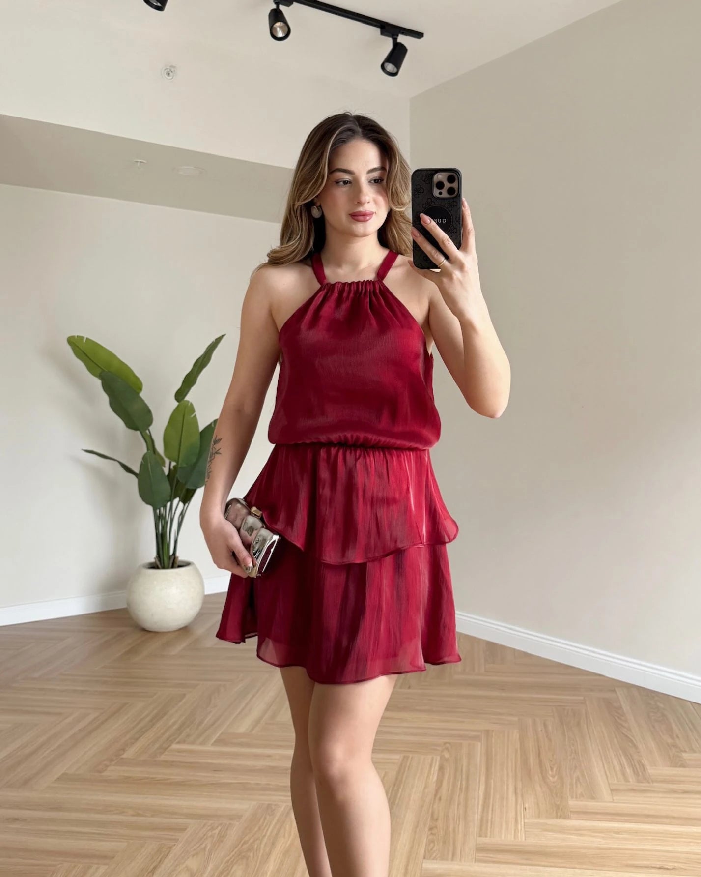 LOLY Eteği Katlı Elbise - Bordo