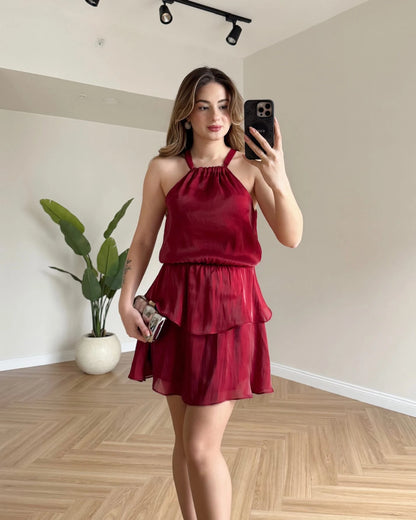 LOLY Eteği Katlı Elbise - Bordo
