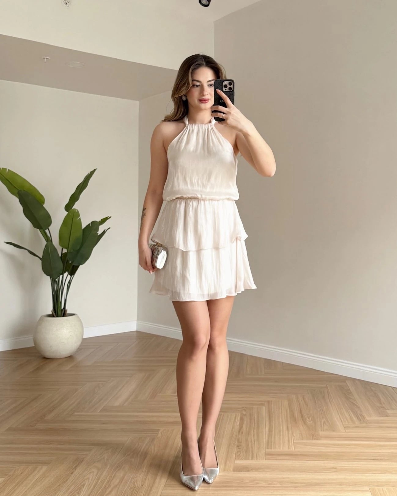 LOLY Eteği Katlı Elbise - Ekru