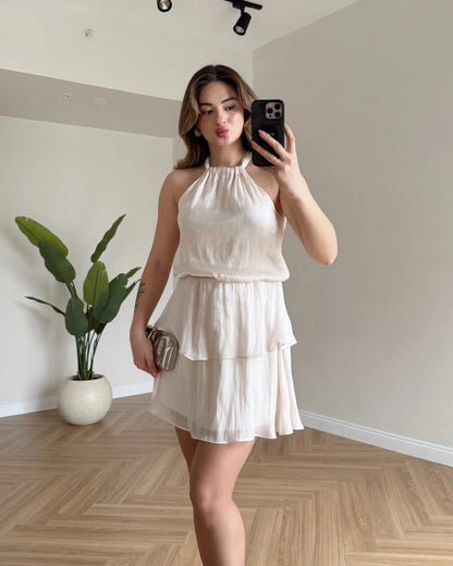 LOLY Eteği Katlı Elbise - Ekru