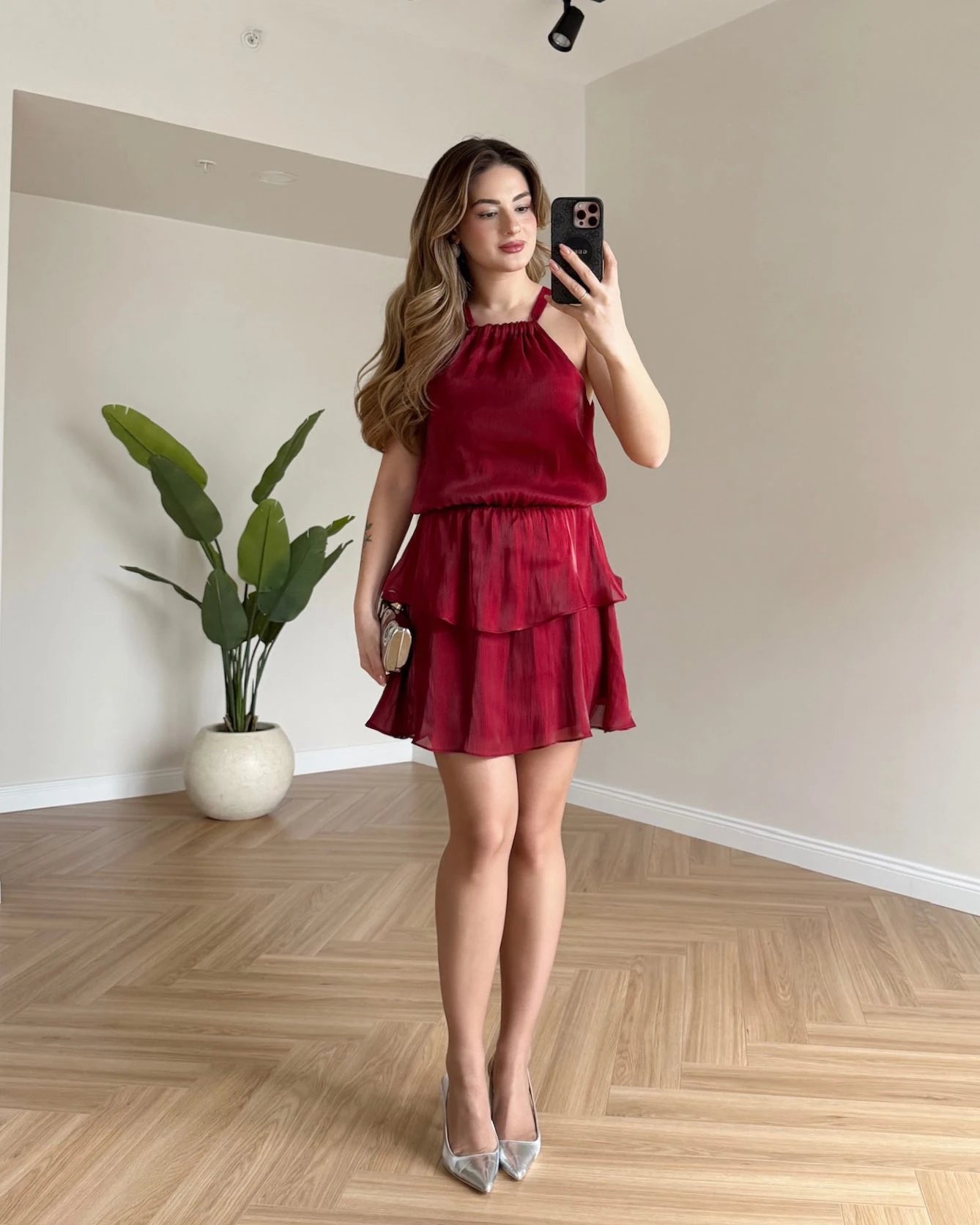 LOLY Eteği Katlı Elbise - Bordo