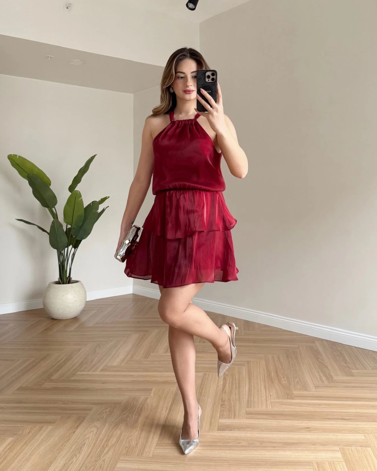 LOLY Eteği Katlı Elbise - Bordo