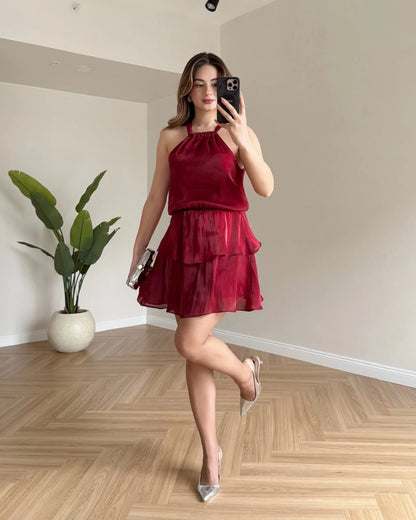 LOLY Eteği Katlı Elbise - Bordo