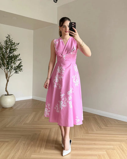 MARILYN Çiçek Desenli Midi Elbise - Pembe