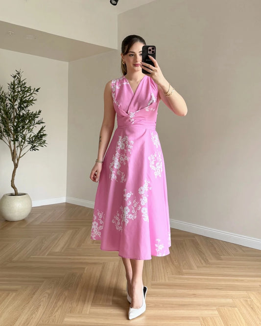 MARILYN Çiçek Desenli Midi Elbise - Pembe