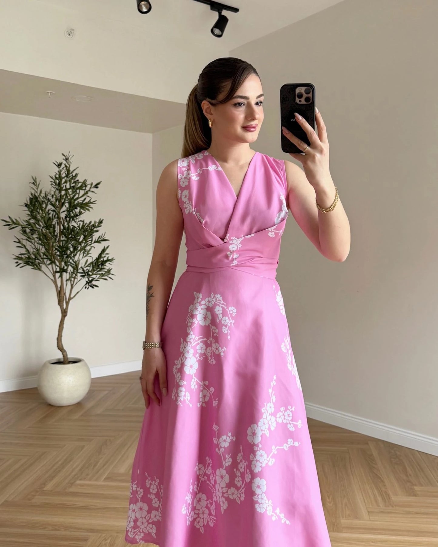 MARILYN Çiçek Desenli Midi Elbise - Pembe