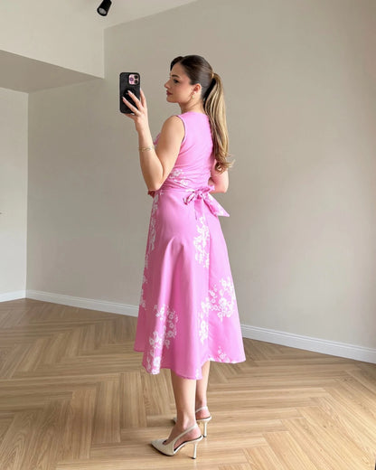 MARILYN Çiçek Desenli Midi Elbise - Pembe