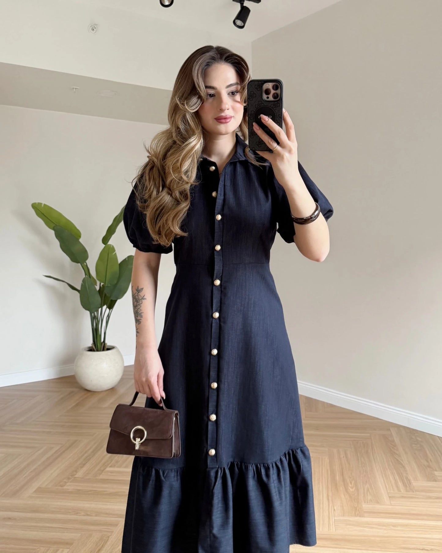MATTEO Gold Düğmeli Denim Elbise - Koyu Mavi