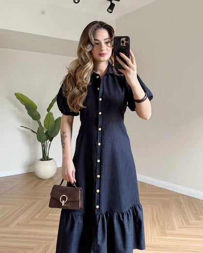 MATTEO Gold Düğmeli Denim Elbise - Koyu Mavi