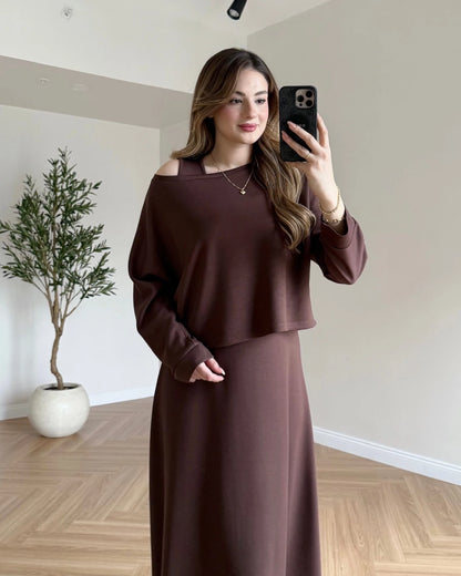 Modal Kumaş Elbise Bluz İkili Takım - Kahve