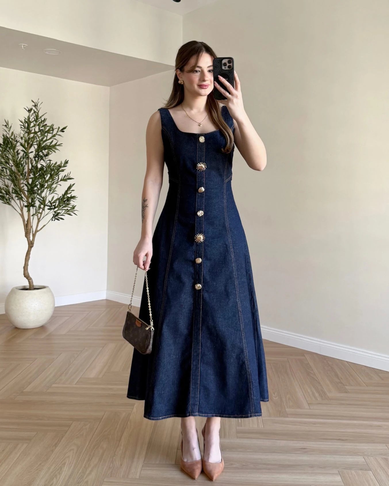 NARNIA Gold Düğmeli Askılı Denim Elbise - Lacivert