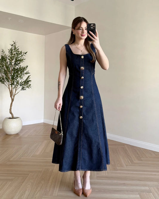 NARNIA Gold Düğmeli Askılı Denim Elbise - Lacivert