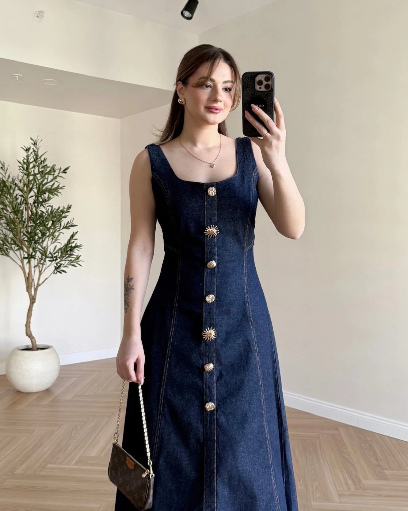 NARNIA Gold Düğmeli Askılı Denim Elbise - Lacivert