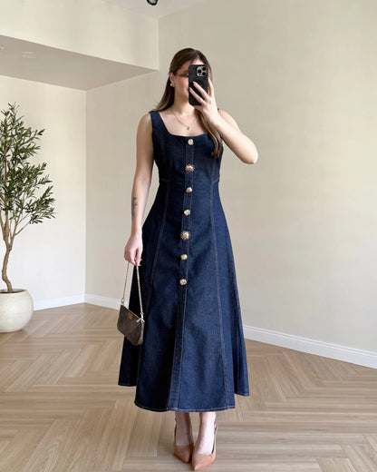 NARNIA Gold Düğmeli Askılı Denim Elbise - Lacivert