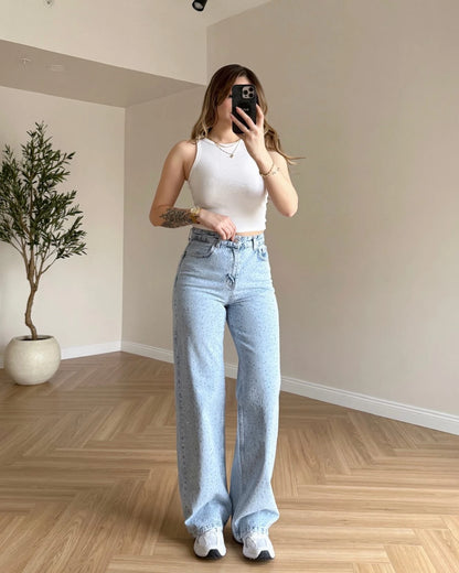 Önü Serpme Taşlı Wide Leg Jean - Kar Yıkama