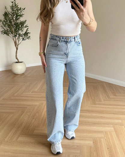 Önü Serpme Taşlı Wide Leg Jean - Kar Yıkama