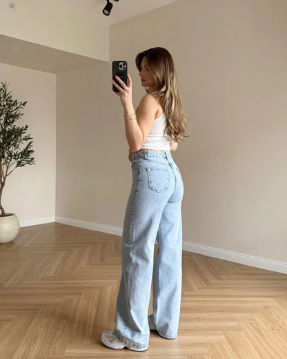 Önü Serpme Taşlı Wide Leg Jean - Kar Yıkama