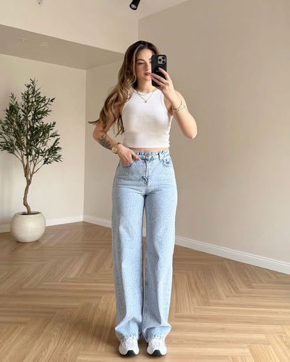 Önü Serpme Taşlı Wide Leg Jean - Kar Yıkama