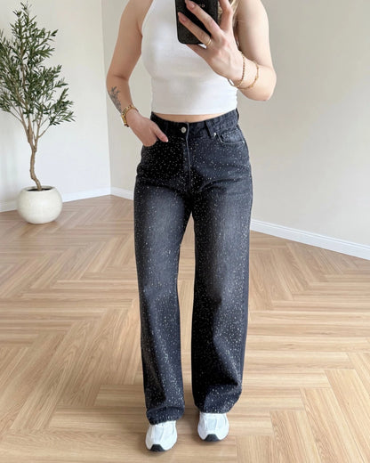 Önü Serpme Taşlı Wide Leg Jean - Siyah