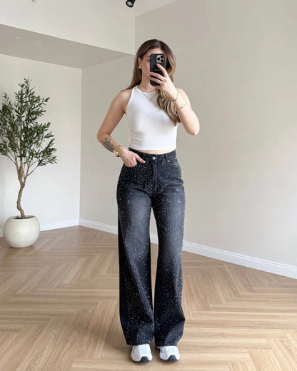 Önü Serpme Taşlı Wide Leg Jean - Siyah