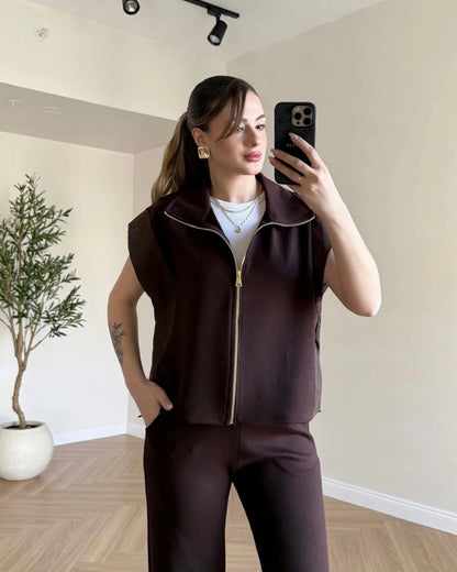 Paraşüt Garnili Modal Kumaş İkili Takım - Kahve
