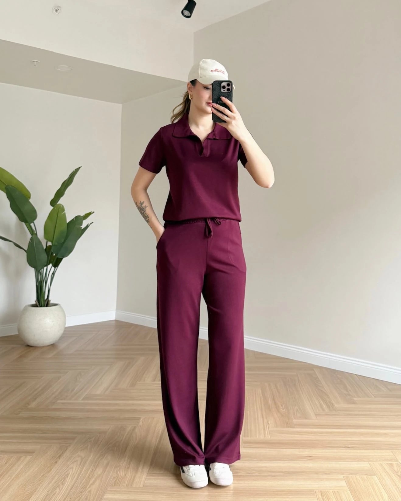 Polo Yaka Modal Kumaş İkili Takım - Bordo