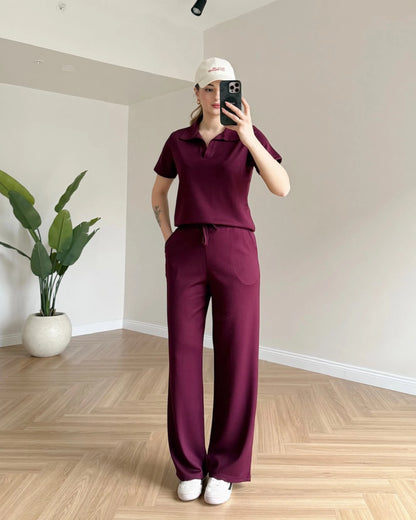 Polo Yaka Modal Kumaş İkili Takım - Bordo
