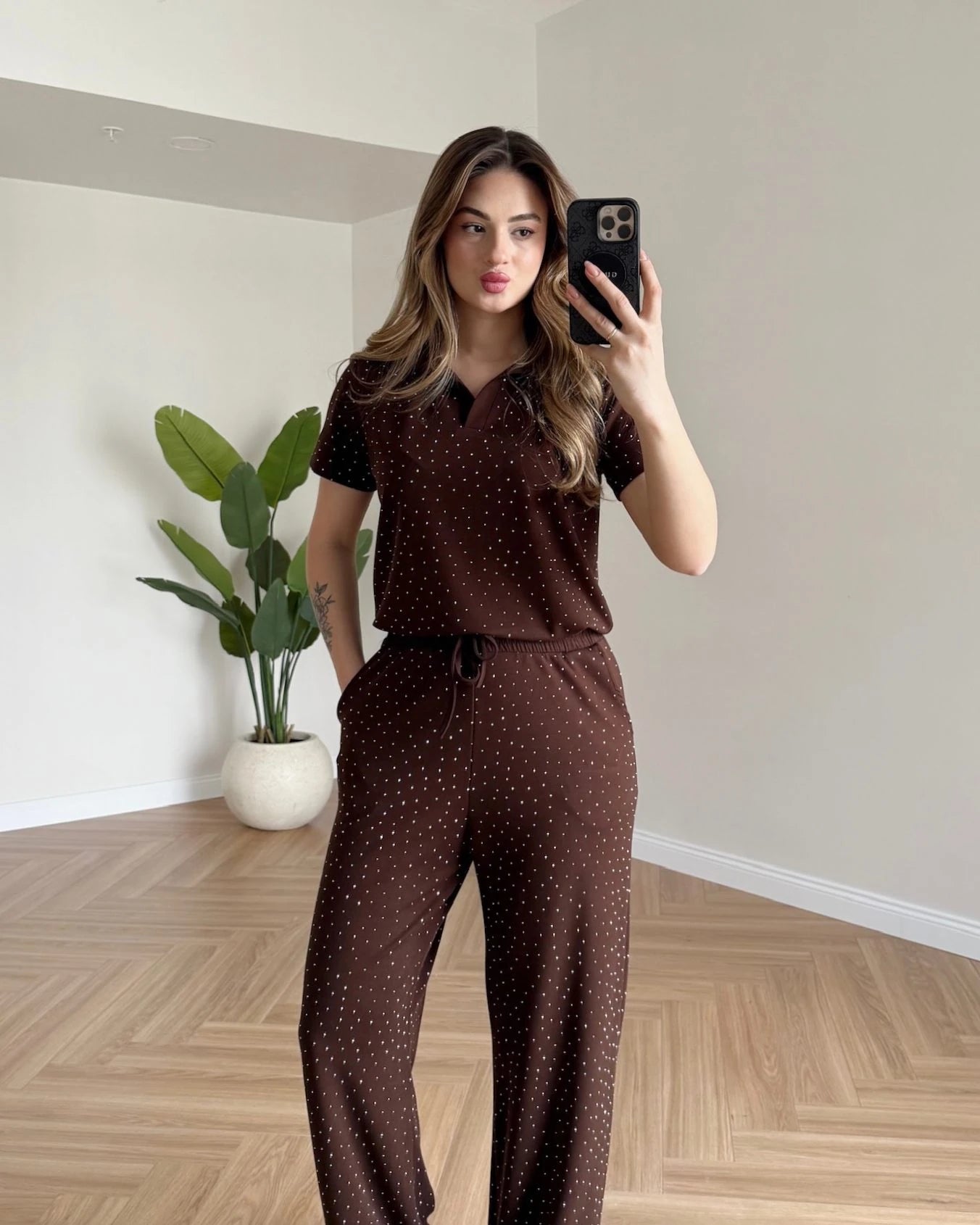 Polo Yaka Taşlı Modal Takım - Kahve