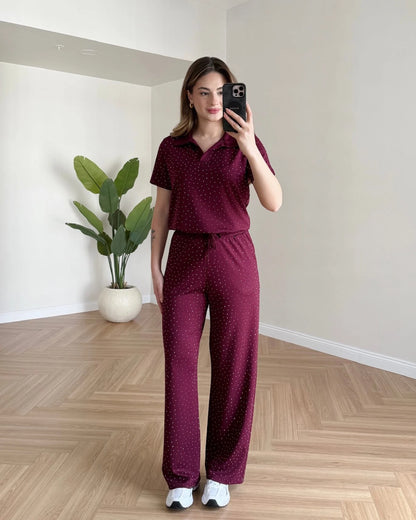Polo Yaka Taşlı Modal Takım - Bordo