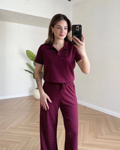 Polo Yaka Taşlı Modal Takım - Bordo