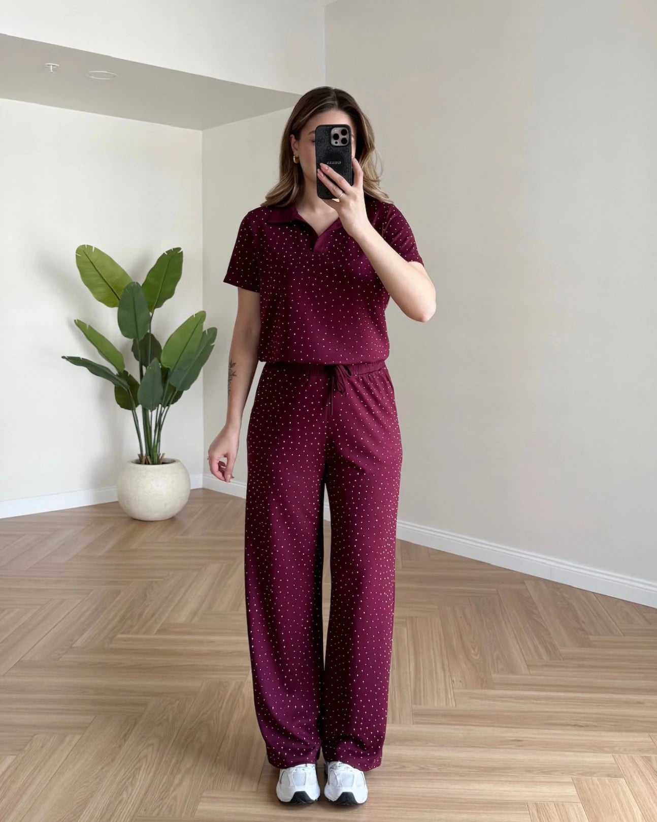 Polo Yaka Taşlı Modal Takım - Bordo