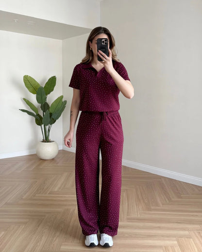 Polo Yaka Taşlı Modal Takım - Bordo
