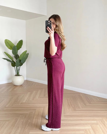 Polo Yaka Taşlı Modal Takım - Bordo