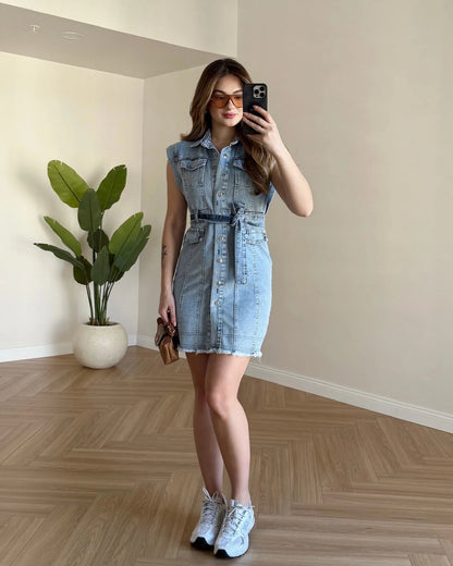 Püskül Detaylı Mini Denim Elbise - Açık Mavi