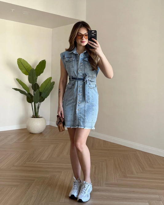 Püskül Detaylı Mini Denim Elbise - Açık Mavi