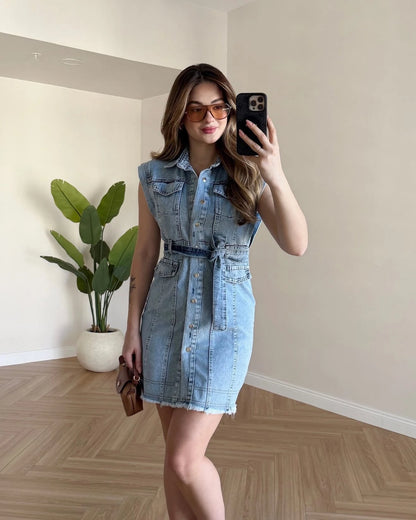 Püskül Detaylı Mini Denim Elbise - Açık Mavi