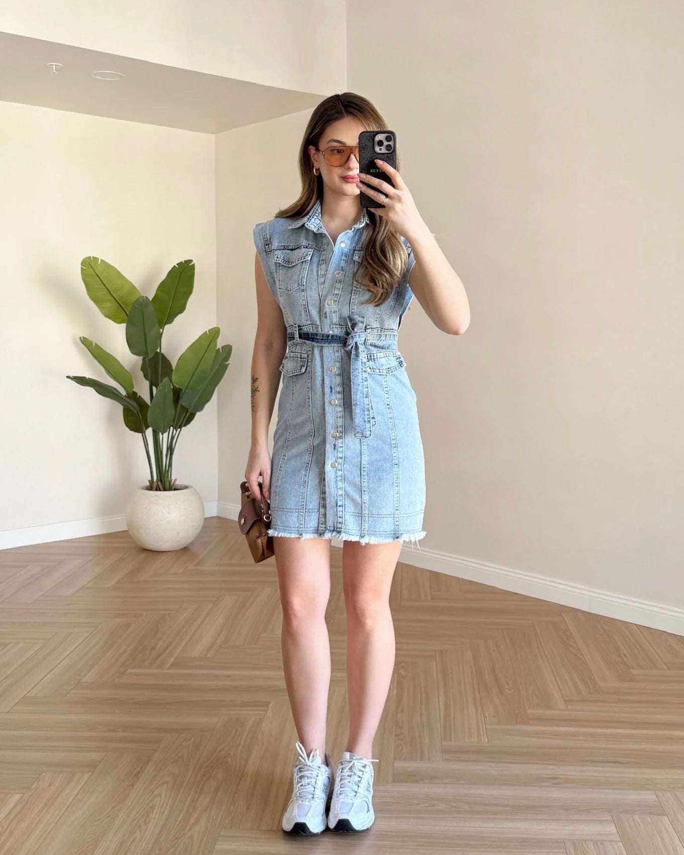 Püskül Detaylı Mini Denim Elbise - Açık Mavi