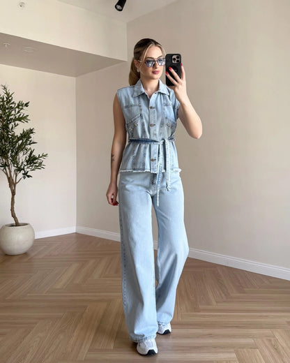 Püskül Detaylı Yelekli Denim Takım - Kar Yıkama
