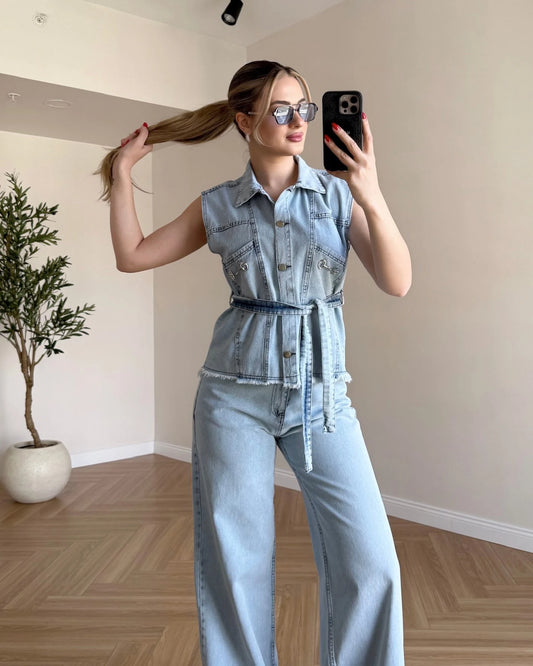 Püskül Detaylı Yelekli Denim Takım - Kar Yıkama