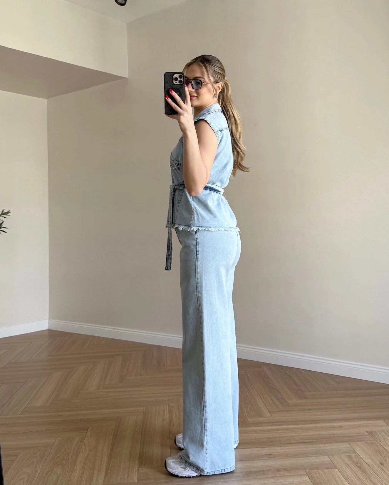 Püskül Detaylı Yelekli Denim Takım - Kar Yıkama