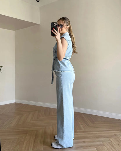 Püskül Detaylı Yelekli Denim Takım - Kar Yıkama