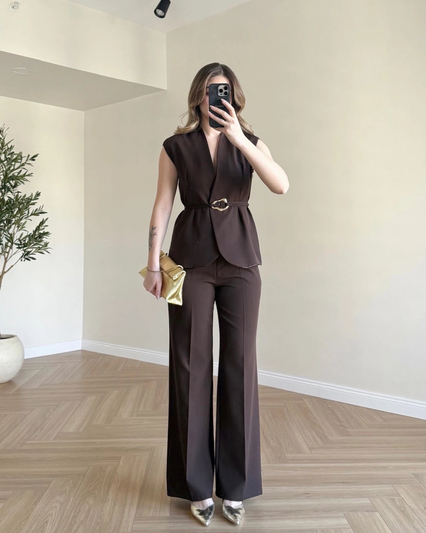 SERENA Premium Yelek Pantolon İkili Takım - Kahve