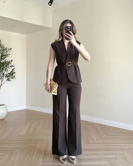 SERENA Premium Yelek Pantolon İkili Takım - Kahve