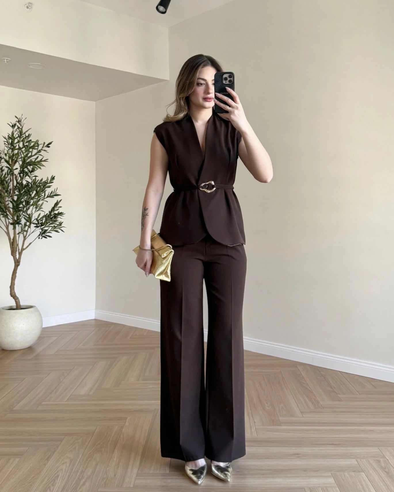 SERENA Premium Yelek Pantolon İkili Takım - Kahve