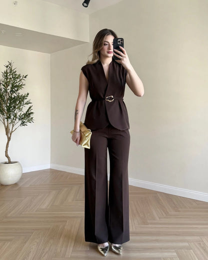 SERENA Premium Yelek Pantolon İkili Takım - Kahve