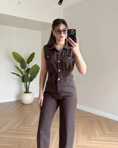 Sıfır Kol Denim Tulum - Kahve