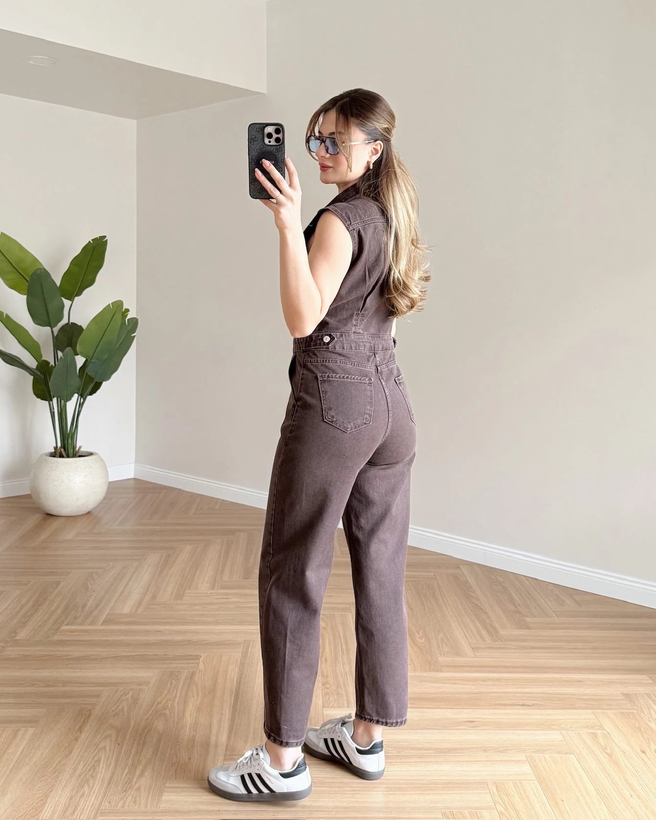 Sıfır Kol Denim Tulum - Kahve